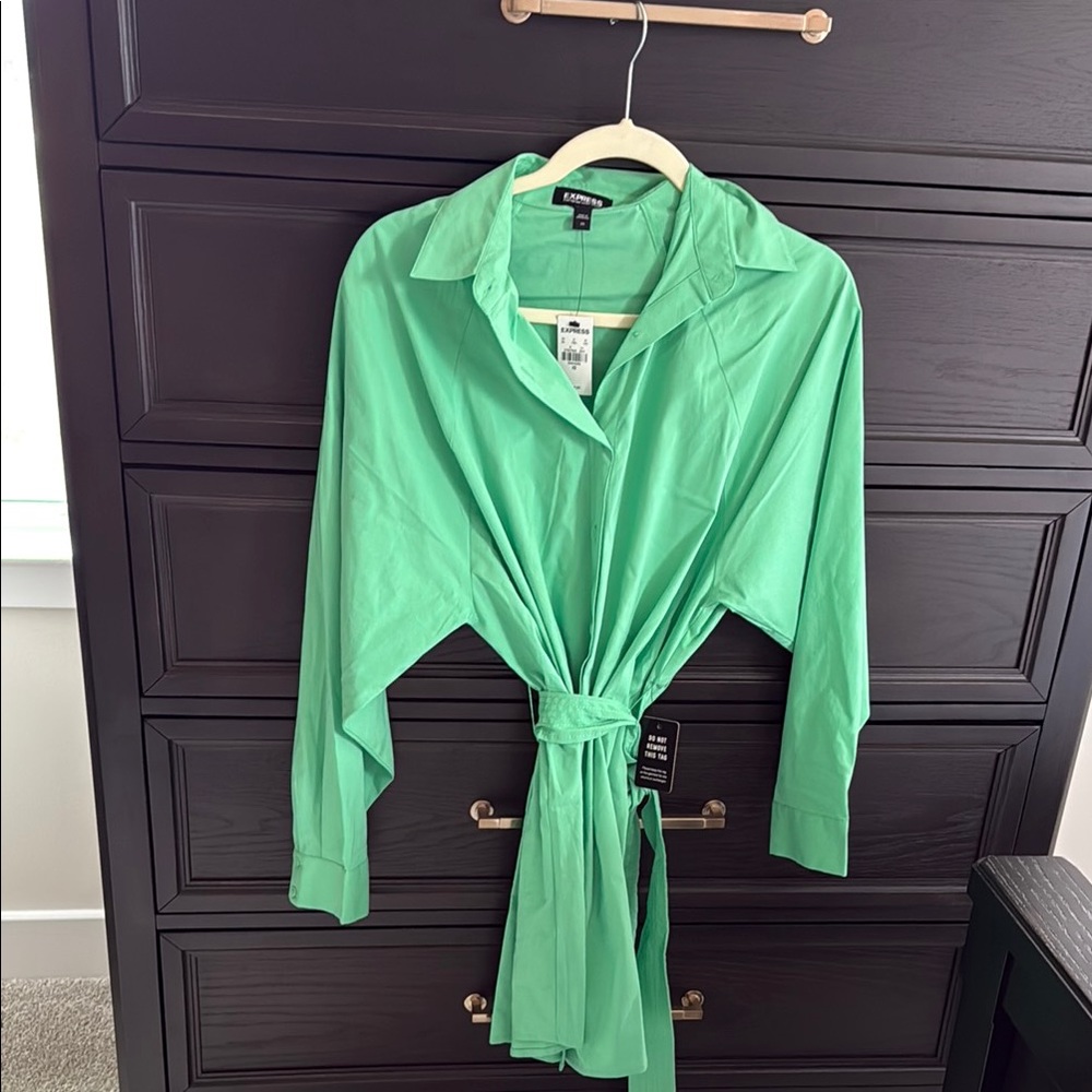 Express Green Tie-Waist Shirt Dress